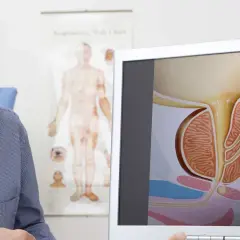 Lekarz omawia z pacjentem budowę prostaty i jej związek z abstynencją seksualną, analizując schemat na monitorze.