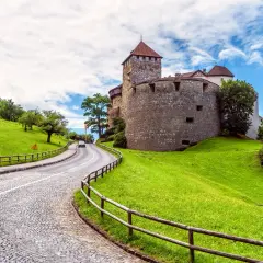 Droga wije się pod górę do zamku w państwie Liechtenstein, otoczonego zielonymi wzgórzami i drzewami.