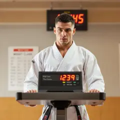 A martial artist in a white gi stands before a digital scale, ready for his weigh in. The scale displays "12:39" and "WEIGHT".