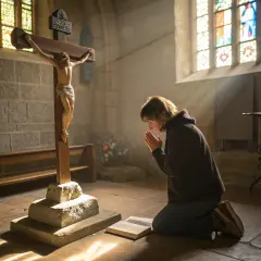 Kobieta klęczy przed krucyfiksem, szukając w modlitwie tajemnicy szczęścia Adonai. Promienie słońca oświetlają wnętrze kościoła.