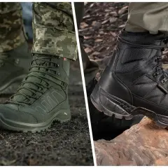 Dwa rodzaje solidnych butów w góry na zimę: zielone, taktyczne i czarne, trekkingowe.