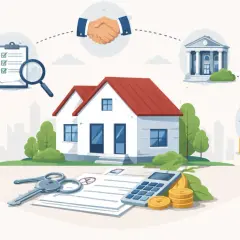 Illustrazione di un processo di acquisto immobiliare: dalla ricerca alla firma, con chiavi, calcolatrice, monete e un edificio bancario. Un escamotage per acquisto seconda casa.