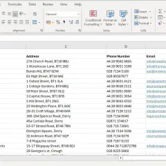 Arkusz Excel z danymi restauracji, gotowy do operacji excel zamiana wierszy na kolumny. Widoczne kolumny: Restauracja, Adres, Numer telefonu, Email.