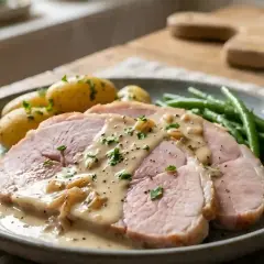 Tranches de jambon à la chablisienne nappées de sauce crémeuse, accompagnées de pommes de terre et haricots verts.