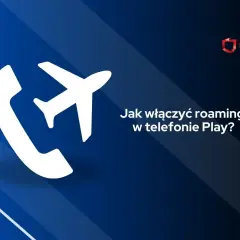 Ikona telefonu i samolotu na ciemnoniebieskim tle. Tekst: Jak włączyć roaming w telefonie Play?