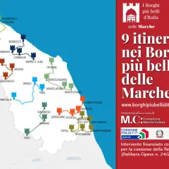 Mappa degli itinerari nei borghi più belli delle Marche, con castelli stilizzati che indicano le attrazioni.