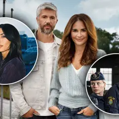 En kvinna med mörkt hår i en cirkel, ett par i mitten och två poliser i en cirkel. Reklam för svenska drama serier.