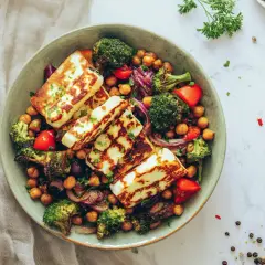 Miseczka pełna pyszności: pieczona ciecierzyca, chrupiący brokuł, papryka i grillowany ser halloumi.
