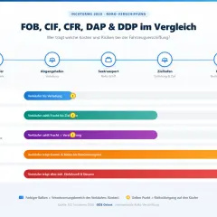 Vergleich von Incoterms für RoRo-Schiffung: FOB, CFR, CIF, DAP, DDP. Die Grafik erklärt, wer Kosten und Risiken trägt, und verdeutlicht die frachtfrei bedeutung bei verschiedenen Lieferbedingungen.