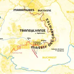 Carte de la Roumanie montrant les Carpates, la Transylvanie, Maramures, Bucovine, et des villes comme Bucarest. Idéal pour visiter la Roumanie.