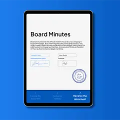 Digital platform for notarizing board minutes. Upload, verify identity, and receive your official board minutes.