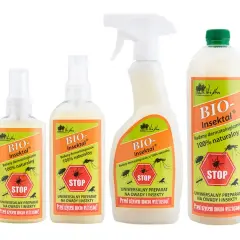 Skuteczny oprysk na komary do ogrodu: cztery butelki preparatu "BIO-Insektal" z grafiką owadów i napisem "STOP".