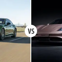 Zielony Porsche Panamera kontra różowy Porsche Taycan, pierwszy porsche elektryczne.