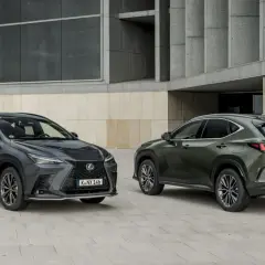 Dwa eleganckie Lexusy NX, jeden ciemnoszary, drugi oliwkowy, prezentują się na tle nowoczesnej architektury. Zastanawiasz się nad ich lexus nx spalanie?