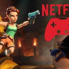 Lara Croft w akcji, gotowa na nowe przygody w grach na Netflix. Czerwony kontroler i logo Netflix zapowiadają emocje.