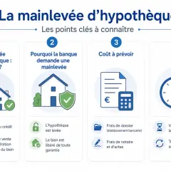 Infographie expliquant la mainlevée d'hypothèque : quand elle intervient, pourquoi la banque la demande, son coût et le délai.