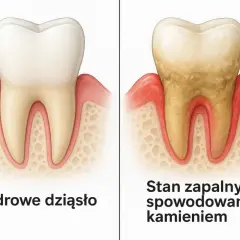 Zdrowa dziąsło vs. stan zapalny spowodowany kamieniem poddziąsłowym. Po prawej stronie widać zżółknięty ząb z zaczerwienionymi dziąsłami.