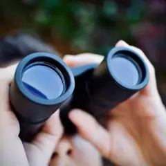 Mani che stringono un binocolo, pronte a esplorare il mondo con uno sguardo più attento.