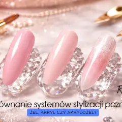 Różowe paznokcie na kryształowych podstawkach, pędzel i brokat. Porównanie systemów stylizacji paznokci: żel, akryl czy akrylożel?