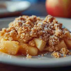 Ein Teller mit warmem Apfel Crumble, bestreut mit Puderzucker. Die Äpfel sind weich und saftig, die Kruste knusprig.