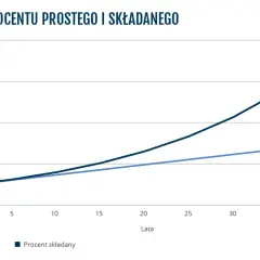 Wykres porównuje procent prosty i składany. Procent składany rośnie znacznie szybciej niż procent prosty.