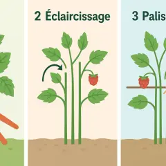 Étapes de taille framboisier : coupe, éclaircissage et palissage pour une meilleure récolte.