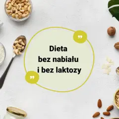 Dieta bez nabiału i laktozy to zdrowy wybór. Na zdjęciu: mleko roślinne, orzechy, wiórki kokosowe, migdały, orzechy nerkowca.
