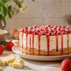 Ein köstlicher Muttertagskuchen mit Erdbeeren, der mit Puderzucker bestäubt wird. Zutaten wie frische Erdbeeren, weiße Schokolade und Mehl sind zu sehen.