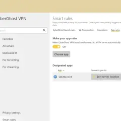 Ustawienia "App rules" w CyberGhost VPN. Możesz skonfigurować automatyczne połączenie z VPN dla konkretnych aplikacji, np. Qbittorrent.