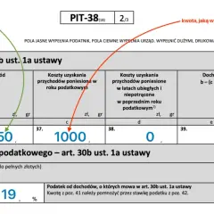 Jak wypełnić PIT-38 bez PIT-8C? Wpisz kwotę sprzedaży kryptowalut (450 zł) i kosztów (1000 zł) w odpowiednie rubryki.
