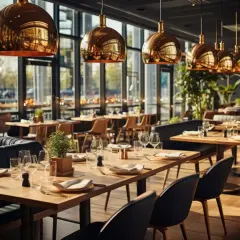 Eleganckie wnętrze restauracji w Opolu, z rzędami nakrytych stołów i miedzianymi lampami. Idealne miejsce na romantyczną kolację.