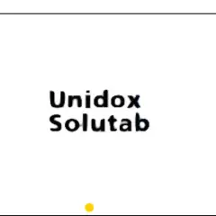 Napis "Unidox Solutab" na białym tle. Mały żółty okrąg na dole.