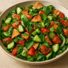 En skål med en fräsch fattoush-sallad med tomater, gurka, mynta, persilja och krispiga pitabröd. En citronklyfta ligger bredvid.
