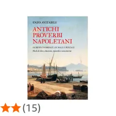 Copertina del libro "Antichi proverbi napoletani" di Enzo Avitabile, con un paesaggio marittimo e il Vesuvio sullo sfondo. Un'immersione nei proverbi napoletani sull'invidia.
