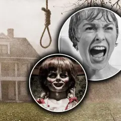 Skräckikonerna Annabelle och Janet Leigh från Psycho möts i en montage som hintar om verklighetsbaserade filmer. En galge hänger hotfullt.