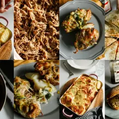 Rwana wieprzowina z piekarnika krok po kroku przepis bez szarpaka: dania z pulled pork, zapiekanka ziemniaczana, frytki z mięsem i kanapka.