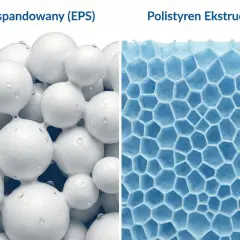 Porównanie struktur styropianu EPS (białe kulki) i XPS (niebieskie komórki).