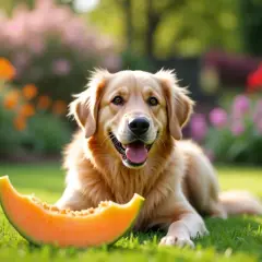 Złoty retriever leży na trawie obok kawałka melona. Czy pies może jeść melona? Ten słodki przysmak jest bezpieczny dla psów w umiarkowanych ilościach.