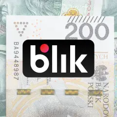 Jak zmienić limit dziecku w PeoPay? Logo Blik na tle banknotów 200 zł.