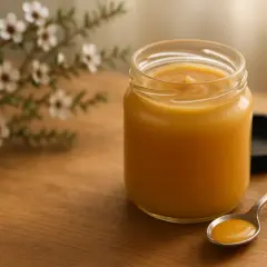 Ein Glas Manuka Honig steht auf einem Holztisch, daneben ein Löffel mit Honig. Die natürliche Manuka honig anwendung ist vielseitig.