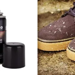 Protector Tarrago para limpiar zapatos piel. Muestra un spray y unos zapatos con gotas de agua.
