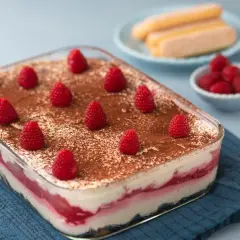 Fruchtiges kinder tiramisu mit Himbeeren und Kakaopulver, ein Genuss für Groß und Klein.