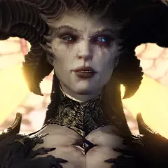 Lilith z Diablo 4, z niebieskimi oczami i krwawiącymi łzami, stoi przed witrażem. Jej ołtarze są kluczem do mocy.