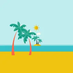 Ilustracja plaży z palmami, słońcem i morzem.