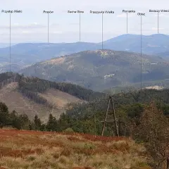 Widok na beskid żywiecki szczyty: Przełęcz Wielki, Prusów, Sucha Góra, Praszywka Wielka, Romanka, Obłaz, Boraczy Wierch.