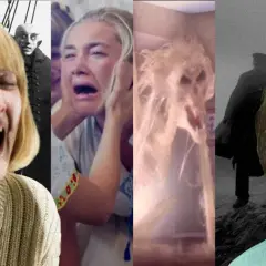 Kadr z popularnych horrorów: przerażone twarze, wampir, duch i sylwetka w mgle.