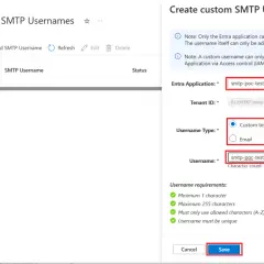 Création d'un nom d'utilisateur SMTP personnalisé pour l'application Entra "smtp-poc-test" dans Azure.