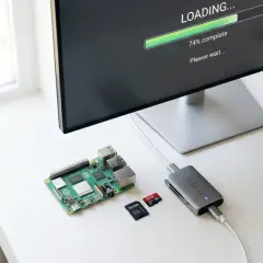 Ein Raspberry Pi, SD-Karten und ein Satechi-Hub liegen bereit. Auf dem Monitor läuft der Raspberry Pi Imager.