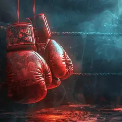 Red boxing gloves hang in a smoky ring, ready for a fight. In boxing, RTD means "Retired.