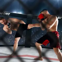 Dwóch zawodników MMA w klatce. Jeden wykonuje kopnięcie, drugi blokuje cios rękawicą.
